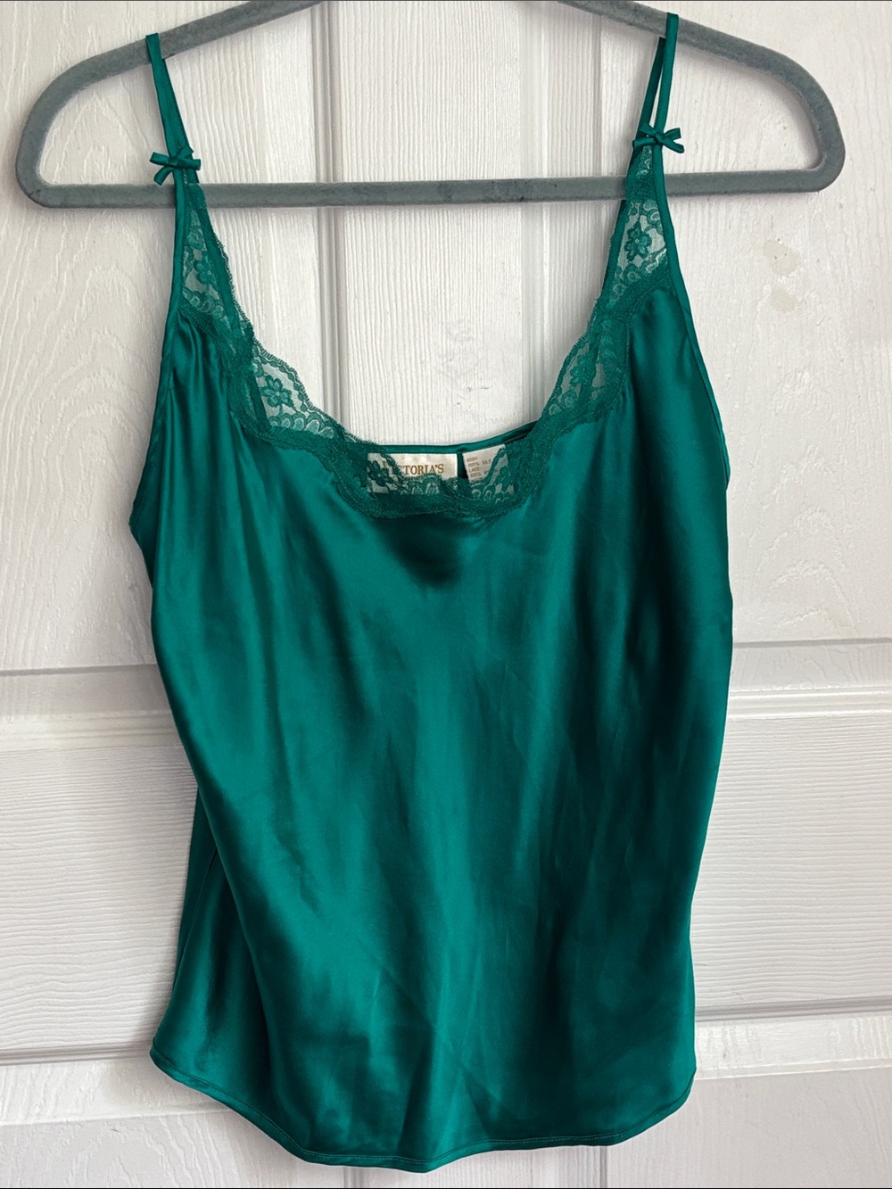 Vintage Victoria's Secret Gold Label Teal Silk Lace Trim Camisole slip top Sz M